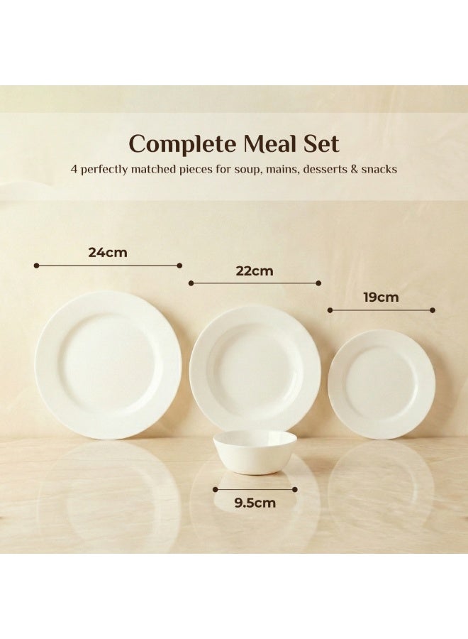 Luminarc White 4 PCS Ceramic Dinner Set  Soup Plate 22cm Dinner Plate 24cm Dessert Plate 19cm Bowl 9.5cm Tableware Set for Home & Restaurant - Image 2